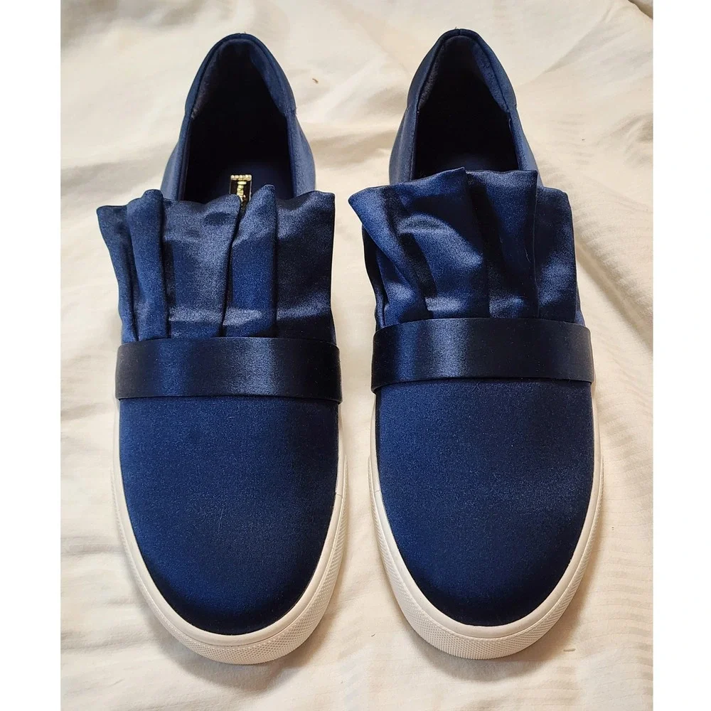 Louise et Cie Buca Navy Blue Satin Ruffle Slip On Sneakers Women's Size 10M